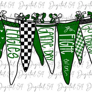 May include: Green and white pennant flags with the words 'Game Day', 'Go Eagles', 'Fight Wins', and 'Eagles' on them. The flags are strung together with a white string.