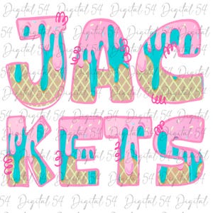 May include: Pink and teal "JACKETS" text design. The letters are designed to look like ice cream, with a waffle cone texture, pink frosting, teal drips, and sprinkles. The design is on a white background.