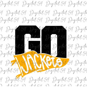 May include: A black and yellow graphic with the text "GO" and "Jackets" in a white banner. The banner is shaped like a pointed flag.