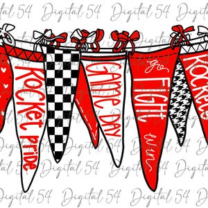 May include: Five red and white pennants with black trim hang on a string. The pennants have the following text: "Rocket Pride", "Game Day", "Go Fight Win", "Rockets", and a checkered pattern.