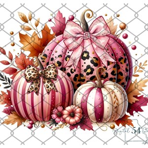 May include: Three pink and white pumpkins with gold accents and bows. The pumpkins are decorated with stripes, leopard print, and a white and pink striped pattern. The pumpkins are surrounded by fall leaves.