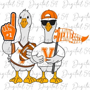 Puede incluir: Ilustración de dos gansos de dibujos animados vestidos como fanáticos de los Tennessee Volunteers. Uno de los gansos sostiene un dedo de espuma con el número "#1", el otro lleva gafas de sol y sostiene una bandera que dice "TENNESSEE". Ambos visten ropa del equipo naranja y blanca.