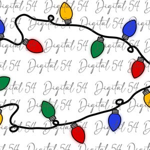 May include: A digital illustration of a string of colorful Christmas lights. The lights are in various colors, including red, green, blue, and yellow, and are connected by a black wire. The background is white with the text "54 Digital 54" repeated.