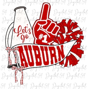May include: A red and white cheerleading pom pom, a red megaphone with the text "Let's go", and a red hand with the number "#1" on it. A red and white banner with the text "AUBURN" is behind the objects.