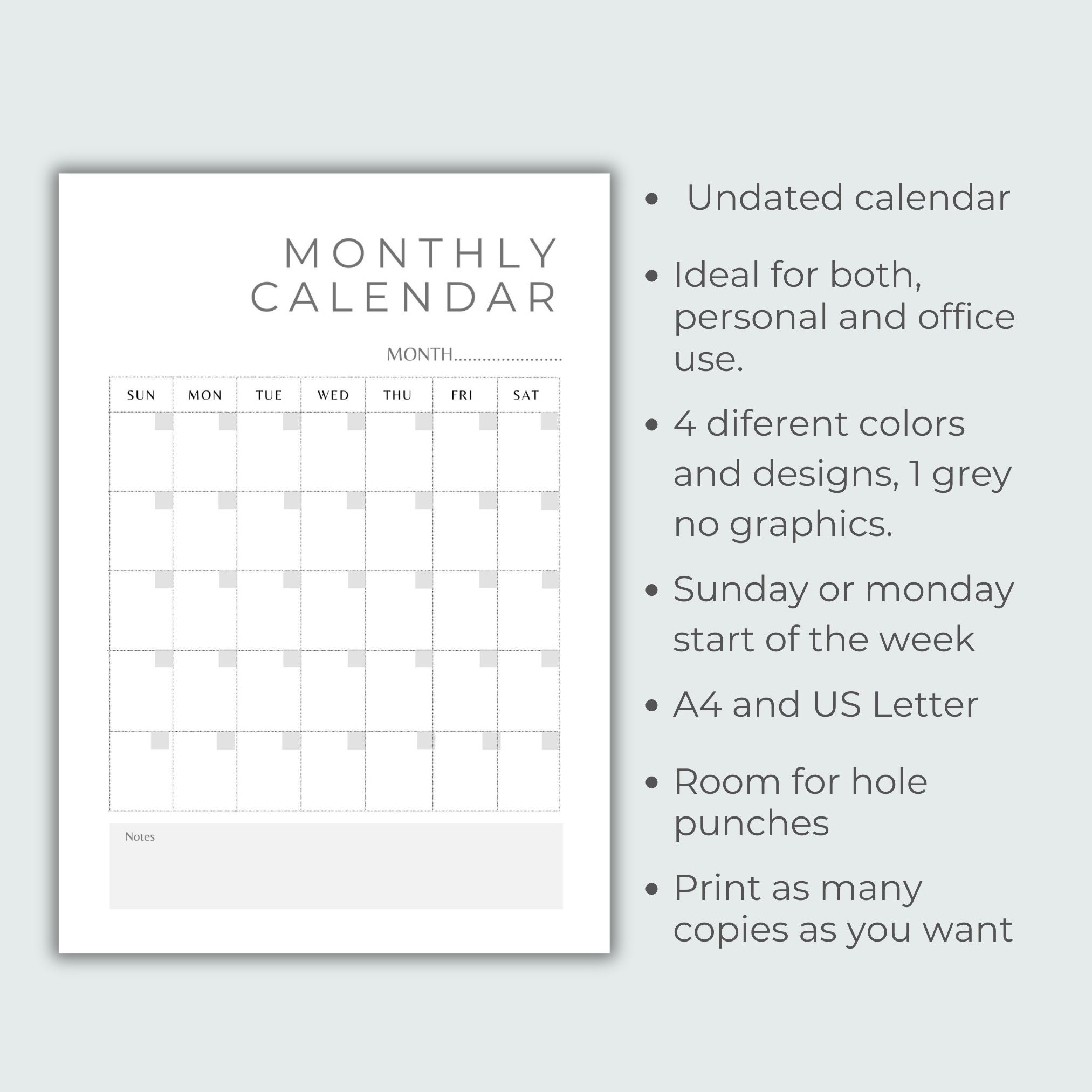Undated Monthly Calendar Printable - Il Fullxfull.6077231622 Lvfj