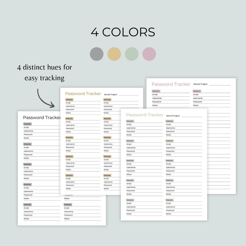 Printable Password Tracker, Digital Password Organizer in 4 Colors, PDF ...