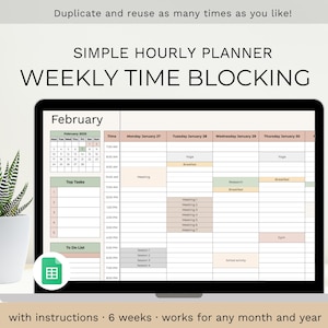 May include: A digital weekly planner with a calendar for February 2025 and a time blocking schedule for the week of January 27th to January 30th. The planner includes sections for top tasks and a to-do list.