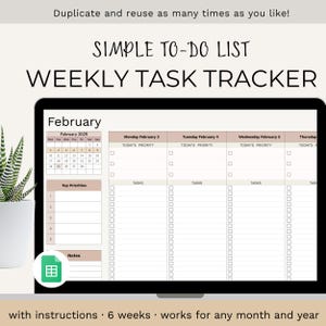 May include: A printable weekly task tracker with a calendar for February 2025. The tracker has sections for top priorities, notes, and daily tasks. The text "Simple To-Do List Weekly Task Tracker" is at the top of the page.