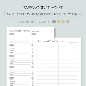 Printable Password Tracker, Digital Password Organizer in 4 Colors, PDF Printable, Password Log and Keeper