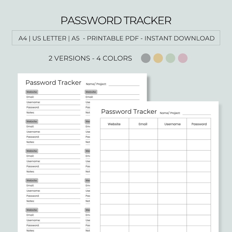 Printable Password Tracker, Digital Password Organizer in 4 Colors, PDF ...