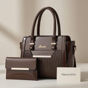 May include: A brown handbag and matching wallet set. The handbag has a glossy finish, top handles, and a textured panel. The wallet is rectangular with a gold-colored bar. The handbag has the word "Tematore" on it.