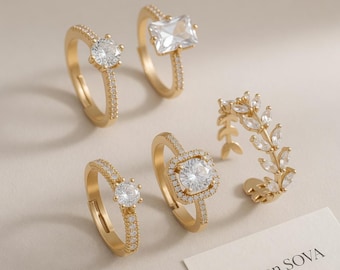 Conjunto de anillos minimalistas de oro, 5 anillos apilables, anillos de circonita chapados en oro de 14 quilates, conjunto de anillos ajustables, delicado regalo de joyería para mujer.