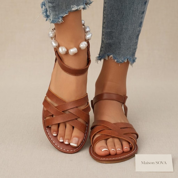 Sandales plates femme marron tressées, sandales d’été bohème chic, chaussures ouvertes confortables, sandales casual vacances femme