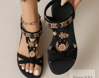 Schwarze oder petrolfarbene, flache Damensandalen im Boho-Stil, Sommersandalen mit goldenen Blumen, bequeme Sandalen mit Knöchelriemen, Damenschuhe