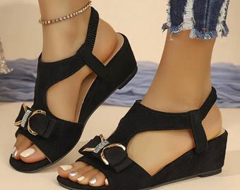 Women's black wedge sandals with gold bow, comfortable summer shoes, chic sandals with a small 5cm heel