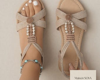 Sandálias femininas boêmias com miçangas, sandálias rasteiras de verão, calçados femininos confortáveis, sandálias casuais chiques, presente para mulheres