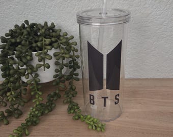 Vaso térmico delgado de 20 oz de BTS con pajita / Regalo para fans del K-pop / Vaso transparente de doble pared / Merchandising inspirado en BTS / Regalo para fans del K-pop de Army