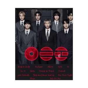May include: A promotional image featuring a group of seven people in dark suits and ties. The image has three red circular designs with the word "OOO" in the center. Below the designs are song titles.