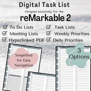 Op de afbeelding: Een digitale takenlijst ontworpen voor de reMarkable 2 tablet. De afbeelding toont drie verschillende takenlijst sjablonen met selectievakjes, notitiegedeeltes en grote hyperlinkknoppen. De tekst "Simplified for Easy Navigation" is zichtbaar op een van de sjablonen.