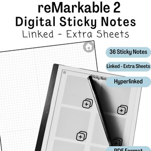Op de afbeelding: Een zwart-wit afbeelding van een reMarkable 2 tablet met een stylus. De tablet toont een raster met 36 digitale sticky notes. De tekst "Sticky Not" is zichtbaar op de tablet. De tekst "36 Sticky Notes", "Linked - Extra Sheets", "Hyperlinked", "PDF Format", "Compact File Size" en "Instant Download" is ook zichtbaar op de afbeelding. De tekst "Made for the reMarkable 2" is zichtbaar in de linkerbenedenhoek van de afbeelding.