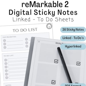 May include: A digital sticky note template for the reMarkable 2 tablet. The template includes 36 sticky notes, linked to-do lists, and hyperlinks. The template is in PDF format and has a compact file size. It is available for instant download.