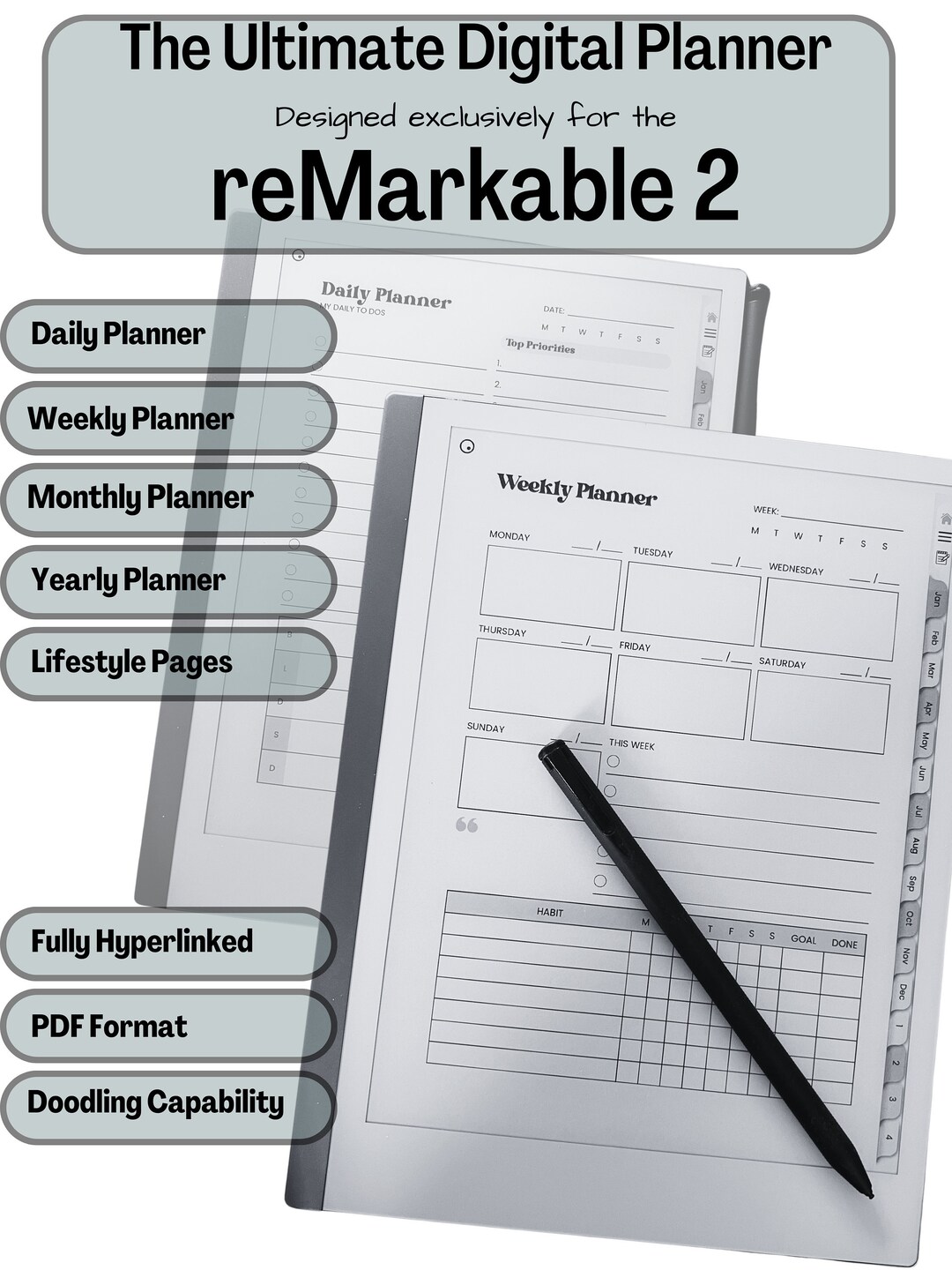 Ultimate Digital Planner for Remarkable 2 - Hyperlinked, Customizable ...