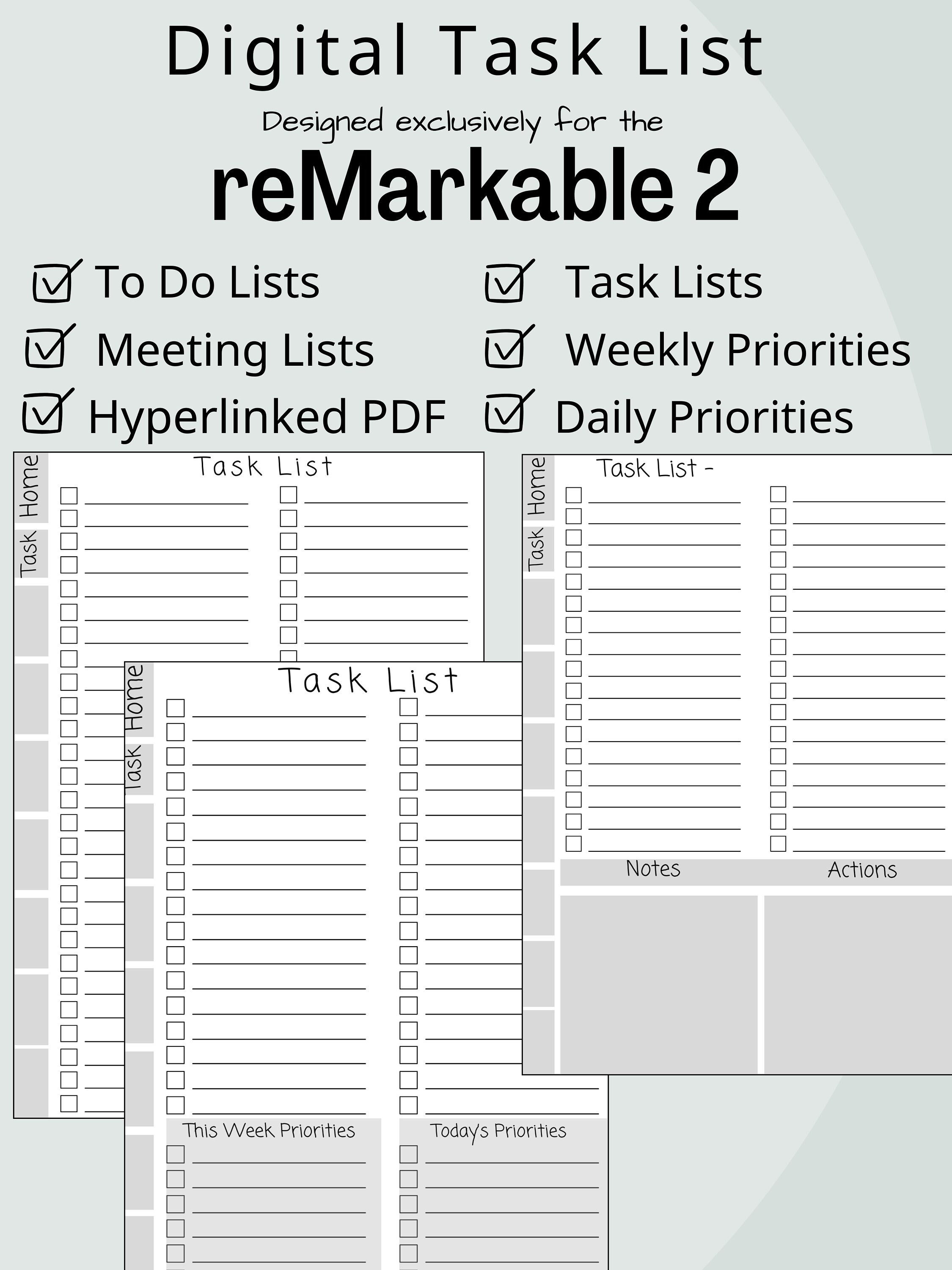 reMarkable 2 Digital Task Manager, Hyperlinked Workflow Planner (PDF Template)