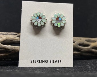 Zuni Inlay white fire opal Sterling Silver Zuni sun face Flower Earrings