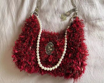 Crochet bag, knitted bag, ruby handmade bag, fashion, butterfly, flower, fur shoulder bag, gift, for mom, mother's day gift, for her