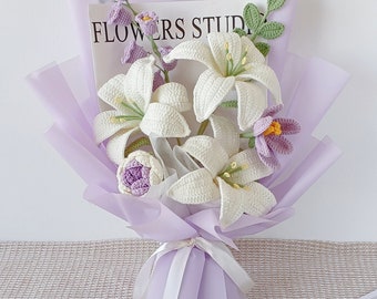 Crochet flowers bouquet, Lily, Tulip, White, Pink, Purple, Everlasting, Mother's day, Graduation, Memorial, Friend, Sister, Girlfriend Gift