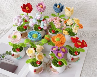 Handmade Crochet Tulips in Pot: Forever Blooming Desk Decor