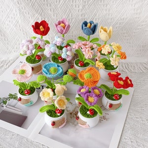 以下が含まれることがあります： 小さな白い鉢に入った、12個の編み物でできた花の飾り付けのセット。花はピンク、赤、オレンジ、黄色、紫、青など、さまざまな色をしています。各鉢には、茶色の麻布の土台が付いています。