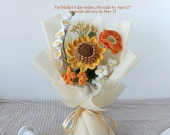 Crochet flowers bouquet, Sunflower, Rose, Daisy, yellow, orange, everlasting, Mother's day, Graduation, Birthday, Friend, Sister, Girlfriend