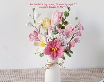 Bouquet de fleurs au crochet, tulipe, rose, blanc, violet, bleu, éternel, fête des mères, remise des diplômes, anniversaire, ami, soeur, cadeau petite amie
