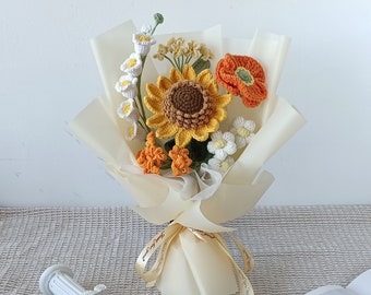 Crochet flowers bouquet, Sunflower, Rose, Daisy, yellow, orange, everlasting, Mother's day, Graduation, Birthday, Friend, Sister, Girlfriend