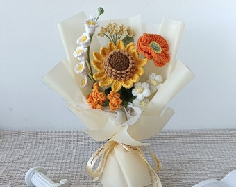 Crochet flowers bouquet, Sunflower, Rose, Daisy, yellow, everlasting, Mother's day, Crochet Graduation Doll, Birthday, Friend, Girlfriend