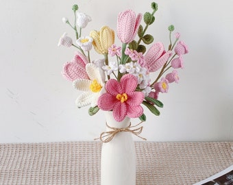 Crochet flowers bouquet, Tulip, Pink, Purple, Blue, Orange, Everlasting, Graduation, birthday gift for bother grandmother, gift for sister