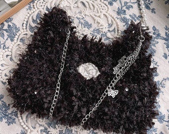 Crochet bag, knitted bag, black handmade bag, fashion, butterfly, fur fluffy shoulder bag, gift, for mom, mother's day gift, for her