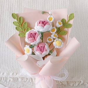 Häkelblumenstrauß, fertiges Produkt, Tulpe, Rose, Gelb, Rosa, unvergänglich, Muttertag, Abschlussfeier, Geburtstag, Geschenk gehäkelt