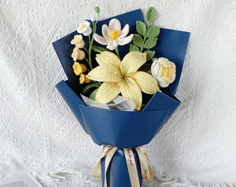 Crochet flowers bouquet, wrapped, yellow lily, white daisy, rose, blue, everlasting, Graduation, Birthday, Friend, Sister, French colors