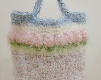 Crochet bag, knitted bag, handmade bag, fashion, flower, fur shoulder bag, gift, for mom, mother's day gift, for her