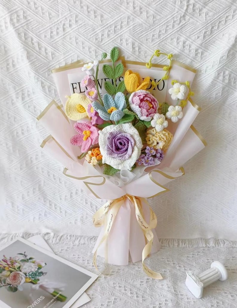 Autumn Crochet Flowers Bouquet, Tulip, Orange, White, Yellow