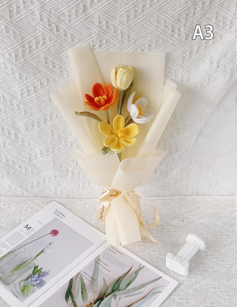 Autumn Crochet Flowers Bouquet, Tulip, Orange, White, Yellow
