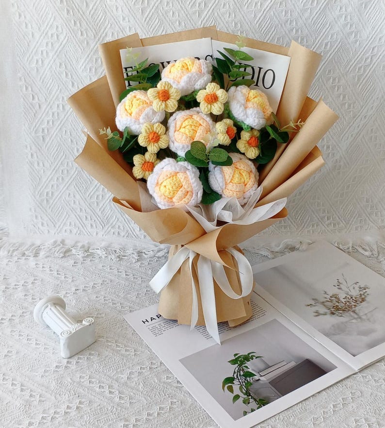 Autumn Crochet Flowers Bouquet, Tulip, Orange, White, Yellow