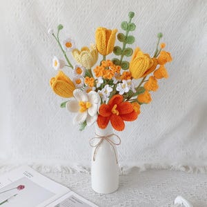 Herbst häkeln Blumenstrauß, Tulpe, Orange, Weiß, Gelb, ewig, Geburtstag, Freund, Schwester, Freundin Geschenk, Liebe