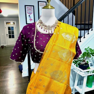 pure handloom raw mango pattu saree with maggam work blouse