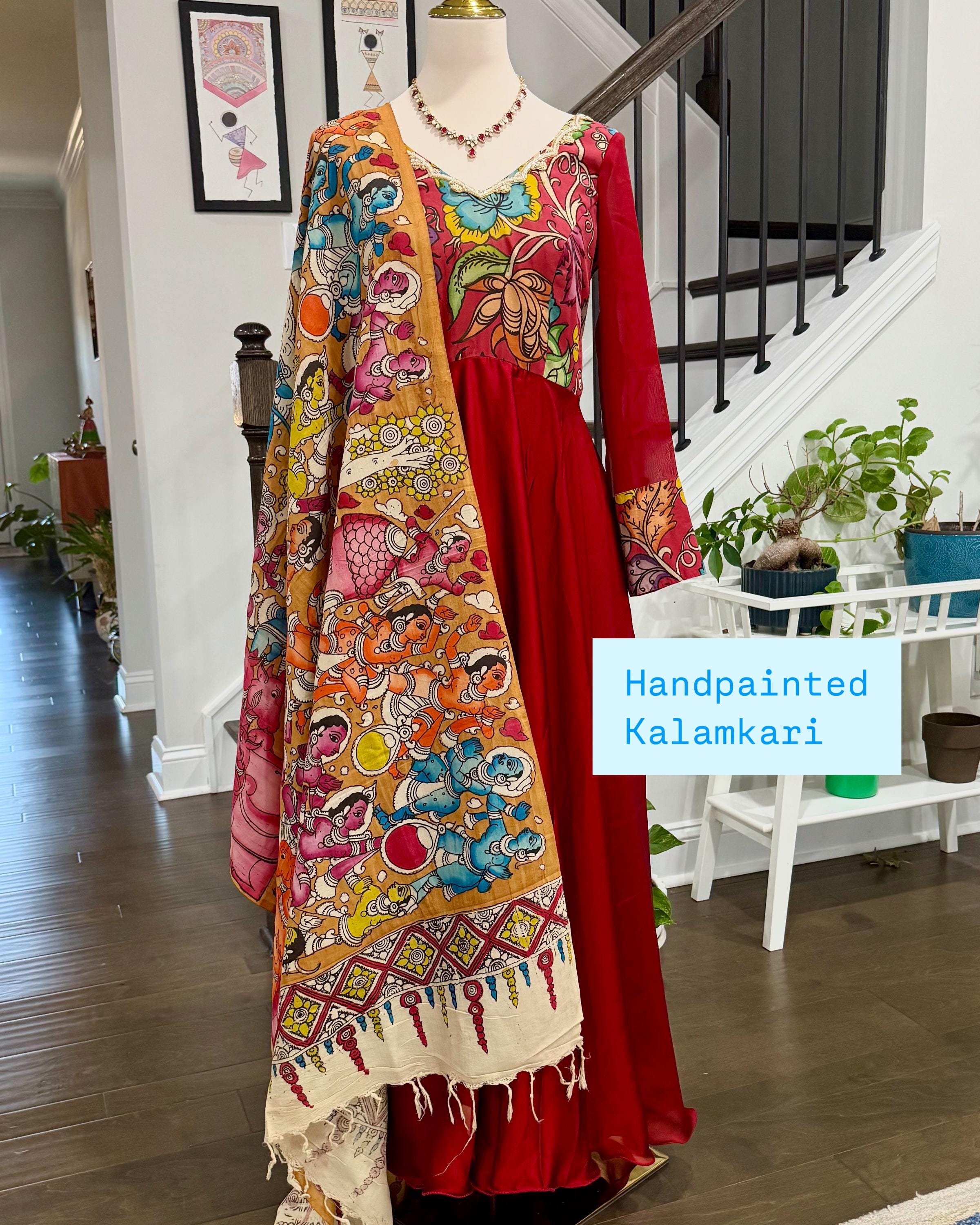 white christmas dresses Exclusive Yellow Cotton and Kalamkari Combination Dress with Hand Embr –  Sujatra main image 1
