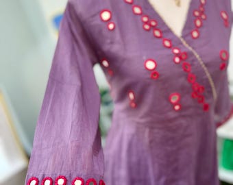 Purple real mirror work  Mul mul cotton hand embroidered frock