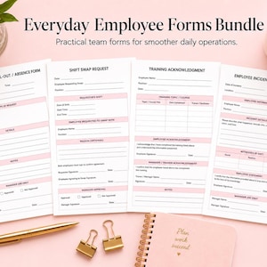 以下が含まれることがあります： Everyday Employee Forms Bundleと題された4枚の白い紙のフォームセット。欠勤届、シフト交代依頼書、研修確認書、インシデント報告書が含まれており、ピンクのアクセントと黒いテキストで構成されています。