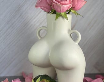 Vaso In Ceramica Moderno A Forma Di Corpo Femminile - Scultura Nudo Artistico Per Fiori, Bianco Opaco 14x12x5 Cm
